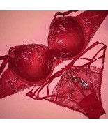 Victoria&#39;s Secret 36DD BRA SET XL panty Strappy RED Pink Foil Floral Emb... - £62.75 GBP