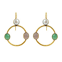 Hammer Look Circle Earings with Natural Carnelian,Green Agate and Pearl Jewelry - £19.92 GBP