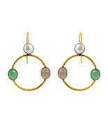 Hammer Look Circle Earings with Natural Carnelian,Green Agate and Pearl ... - £19.53 GBP