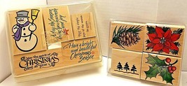 Lot of 9 Wood Mounted Rubber Stamp Set Christmas Holiday, NEW &amp; USED - £19.77 GBP