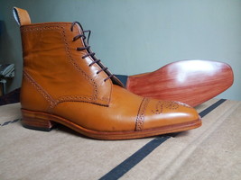 Woody Brown Brogue Cap Toe Genuine Vintage High Ankle Leather Men&#39;s Dress Boots - £125.52 GBP+