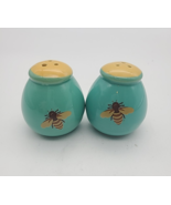 Honey Bee Salt &amp; Pepper Shakers Cute Teal Green Yellow Colorful Pottery - $20.81 CAD