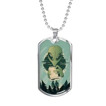 Alien UFO Fan Alien Human Necklace Stainless Steel or 18k Gold Dog Tag 24&quot; Chai - £37.31 GBP+