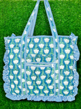 Vintage Floral Quilted Large Ruffle Tote Bag Handprinted Boho Shopper Ma... - $31.49