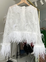 White Feather Top Long Sleeve Feather Lace Top Custom Plus Size Wedding Outfit image 1