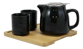 Midnight Black Contemporary Ceramic 20oz Tea Pot With 2 Cups And Bamboo Tray Set - £21.38 GBP
