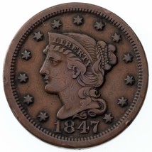 1847 Large Cent VF Condition, All Brown Color, Nice Detail Both Sides - £53.37 GBP