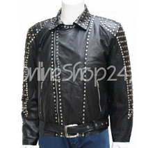New Mens Black Full Silver Studded On Sleeves Unique Belted Biker Leather Jacket - £196.13 GBP
