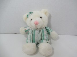 Plush small white teddy bear striped green pajamas outfit bow pink nose - £7.88 GBP