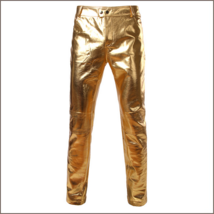 Men's Casual Gold Stage Performers PU Leather Front Zip Straight Slim Trousers 