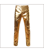 Men&#39;s Casual Gold Stage Performers PU Leather Front Zip Straight Slim Tr... - £55.90 GBP
