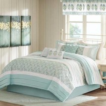 King Comforter Set Madison Park Green White 9 Pc Bedding, 2 Valances- CK... - $89.10