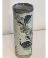 Signed Ken Edwards Mexican Pottery Cylinder Vase Birds Butterflies Flowe... - $22.44