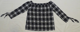 GIBSON LATIMER BLACK WHITE PLAID FLANNEL ELASTIC BOAT NECK OFF SHOULDER ... - $6.92