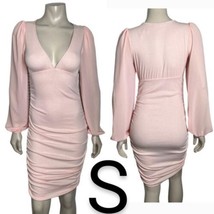 Light Pink Ribbed Long Sheer Sleeves Ruched Midi Dress~Size S - £25.41 GBP