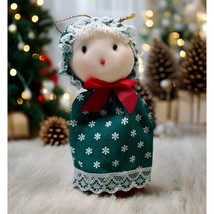 Vintage Christmas Ornament Folk Doll Green Dress with White Snowflakes Lace Trim - £8.25 GBP