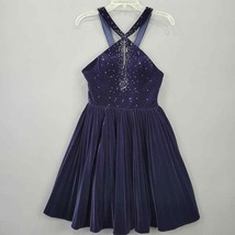 Blush Womens Dress Midi Size 0 Blue Velvety Rhinestone Y-Neck Sleeveless Keyhole - £11.00 GBP