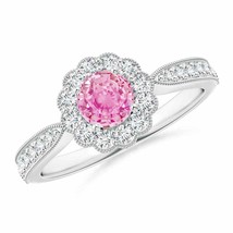 ANGARA Vintage Inspired Pink Sapphire Milgrain Ring with Halo in 14K Gold - £773.07 GBP