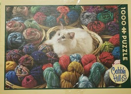 Cobble Hill 1000 piece Jigsaw Puzzle FUR BALL White Cat with Yarn Basket... - $27.30
