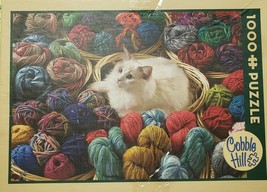 Cobble Hill 1000 piece Jigsaw Puzzle FUR BALL White Cat with Yarn Baskets  NEW - $27.30