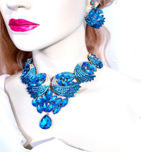 Rhinestone Necklace Aqua, Austrian Crystal Choker, Necklace Earring Set, Prom Pa - £71.56 GBP
