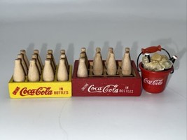 Miniature Coca Cola Wooden Bottles With Crates and Ice Bucket Figurine - £11.79 GBP