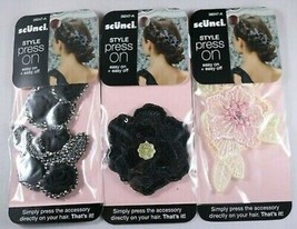 Scunci Style Press On Hair Accessory Set of 3 Black Sequin Rose Pink Flower Blac - £8.48 GBP