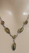 Sterling Silver 925  Necklace Amber Cabachon 8×14mm Y Shaped Link Chain 17&quot; long - £15.52 GBP