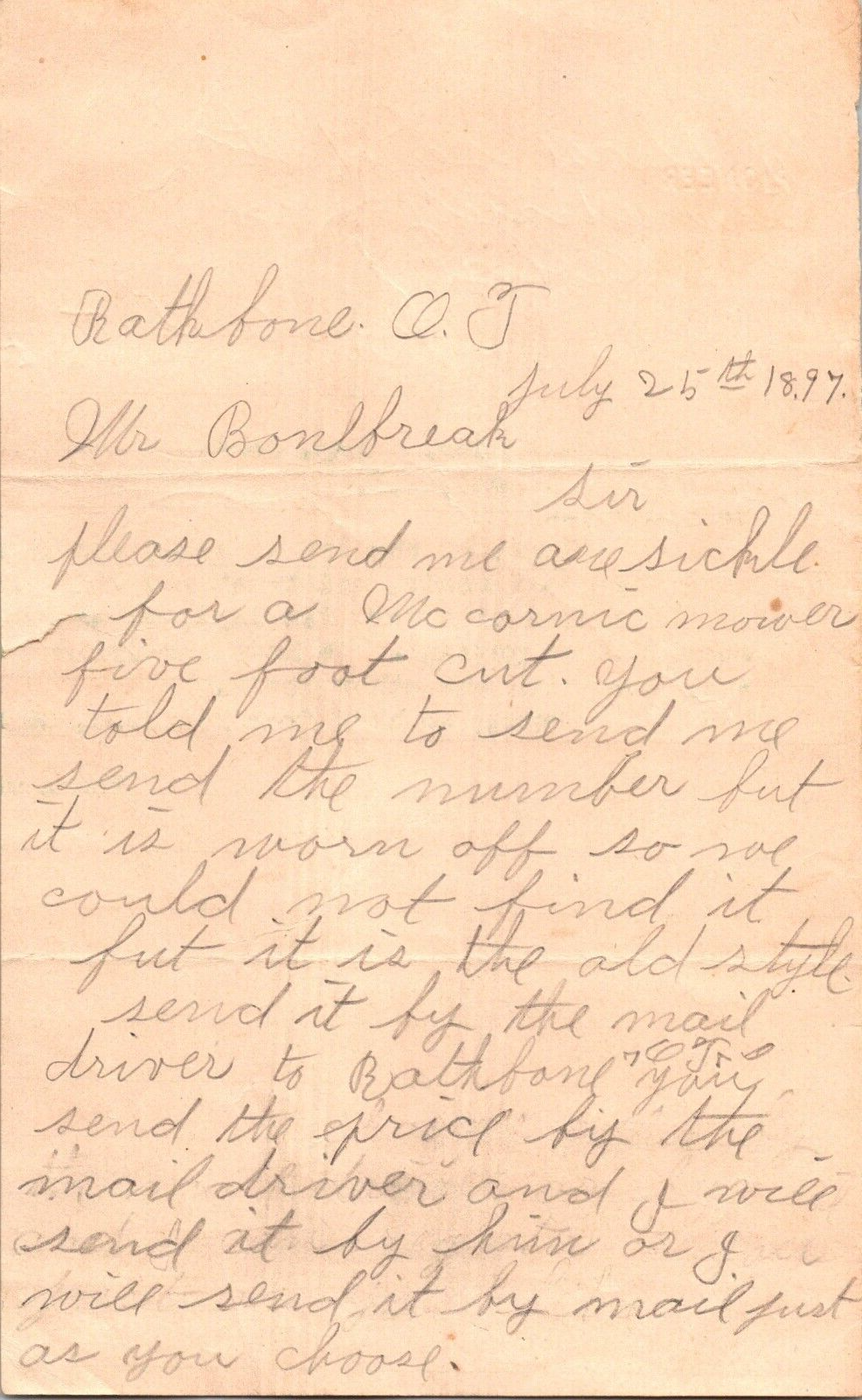 Primary image for 1897 Handwritten Letter Rathbone Oklahoma Ter Bonebreak Hardware McCormick Mower