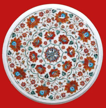 Round White Marble Coffee Table Top Carnelian Stone Inlay Work Sofa Side... - $684.75+