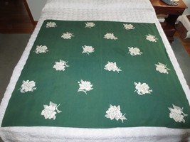 Vintage Wilendur WHITE &amp; GREY ROSES on GREEN Cotton TABLECLOTH - 48&quot; x 54&quot; - $25.00