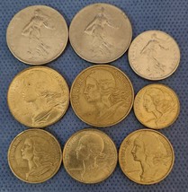 Lot of 9 French Coins 1 &amp; 1/2 Franc, 5, 10 and 20 Centimes 1961-1972 - £8.05 GBP