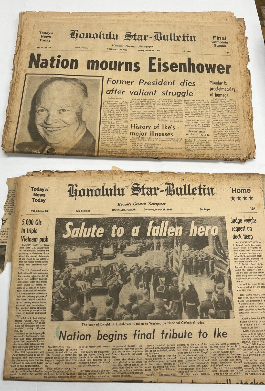 2 Eisenhower Dies Advertiser Star Bulletin Newspapers 1969 - $64.35