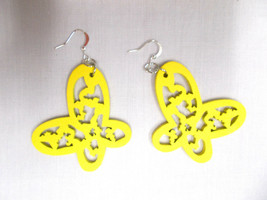 Yellow Cut Out Open Wing Butterfly Silhouette Wooden Dangling Insect Earrings - £4.81 GBP