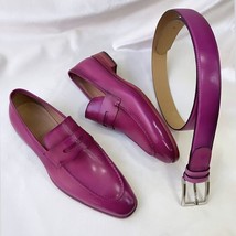 Men Bespoke Handmade pure leather purple Loafers with free matching leather belt - $224.39