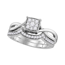10k White Gold Diamond Flower Cluster Bridal Wedding Ring Band Set 1/3 Ctw - £670.33 GBP
