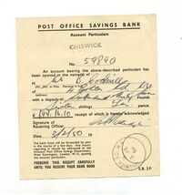 Post Office Savings Bank Account Opening Receipt Chiswick England 1950 - $11.88