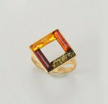 24K Yellow Gold Plated Square Baltic Amber Multi-Color Women&#39;s Engagement Ring - £88.68 GBP