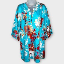 NATORI Turquoise &amp; Coral Floral V Neck Tropical Short Cotton Kaftan Size... - £30.16 GBP