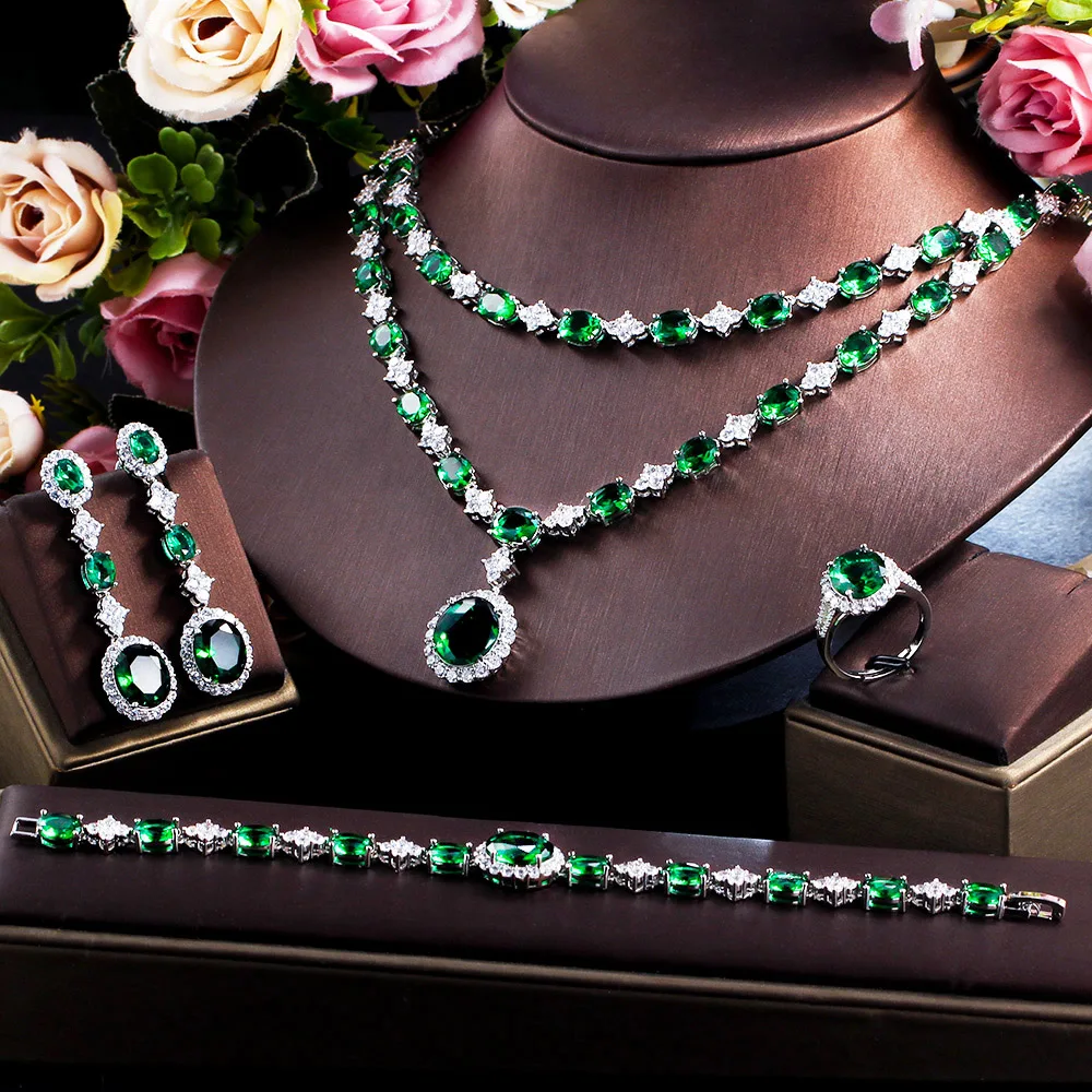 4pcs Elegant Bridal Necklace Set for Women Green Cubic Zirconia Wedding Dubai Sa - £60.02 GBP