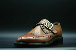 Handmade Men&#39;s Leather Single Monk Strap Oxford Brogue Wingtip Dress Shoes-48 - £181.82 GBP