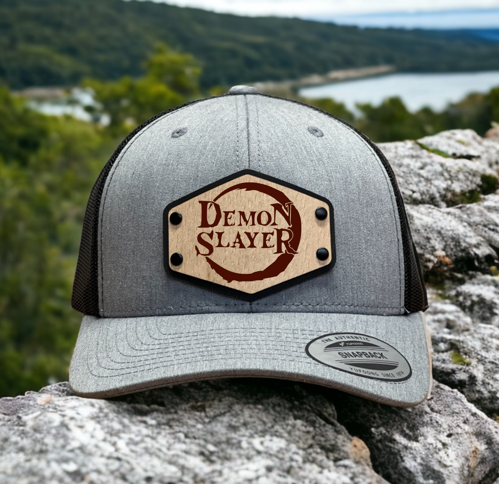 Demon Slayer Anime Kimetsu no Yaiba Trucker Hat Cap with Wood Leather Patch - $27.99