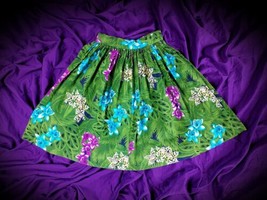 Tiki Hawaiian A Line Cotton Skirt Sz XS Green Floral Lillies VLV Vtg 1980s - £30.93 GBP