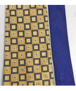 TOMMY HILFIGER Tie Necktie Square Grid Geometric Print Gold Blue Silk - $15.83