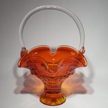 MCM Viking Persimmon Orange Art Glass Basket Amberina Clear Applied Handle Glows - £29.53 GBP