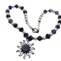 Vintage Artisan Necklace Glass Pearl Beads Purple Mexico 925 sun moon pendant - £55.34 GBP