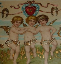 Cupids W/ Flowers, Clover, Horseshoes and a Heart Antique Valentine Postcard - $16.00