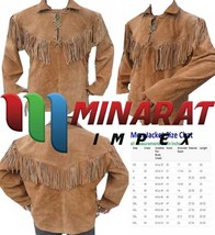 Minarat&#39;s  Brown  Suede Leather Western Style Bone Beaded Patches Fringed Jacket - £200.61 GBP