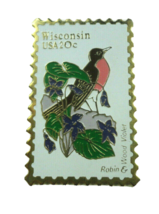 Robin Postage Stamp Pin USA WI 20 cents Bird Wood Violet Lapel Hat Tac Enamel - £3.91 GBP