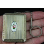 antique STERLING SILVER compact 1930&#39;s engraved chain ENAMEL door - $99.99